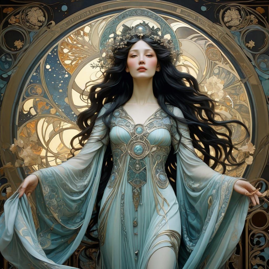 Ethereal Goddess of the Cosmos in Art Nouveau Style