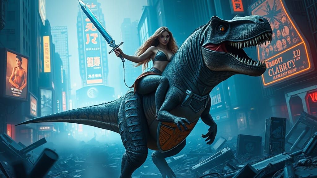 Hyper Realistic Woman Riding T-Rex Through Futuristic Citysc...