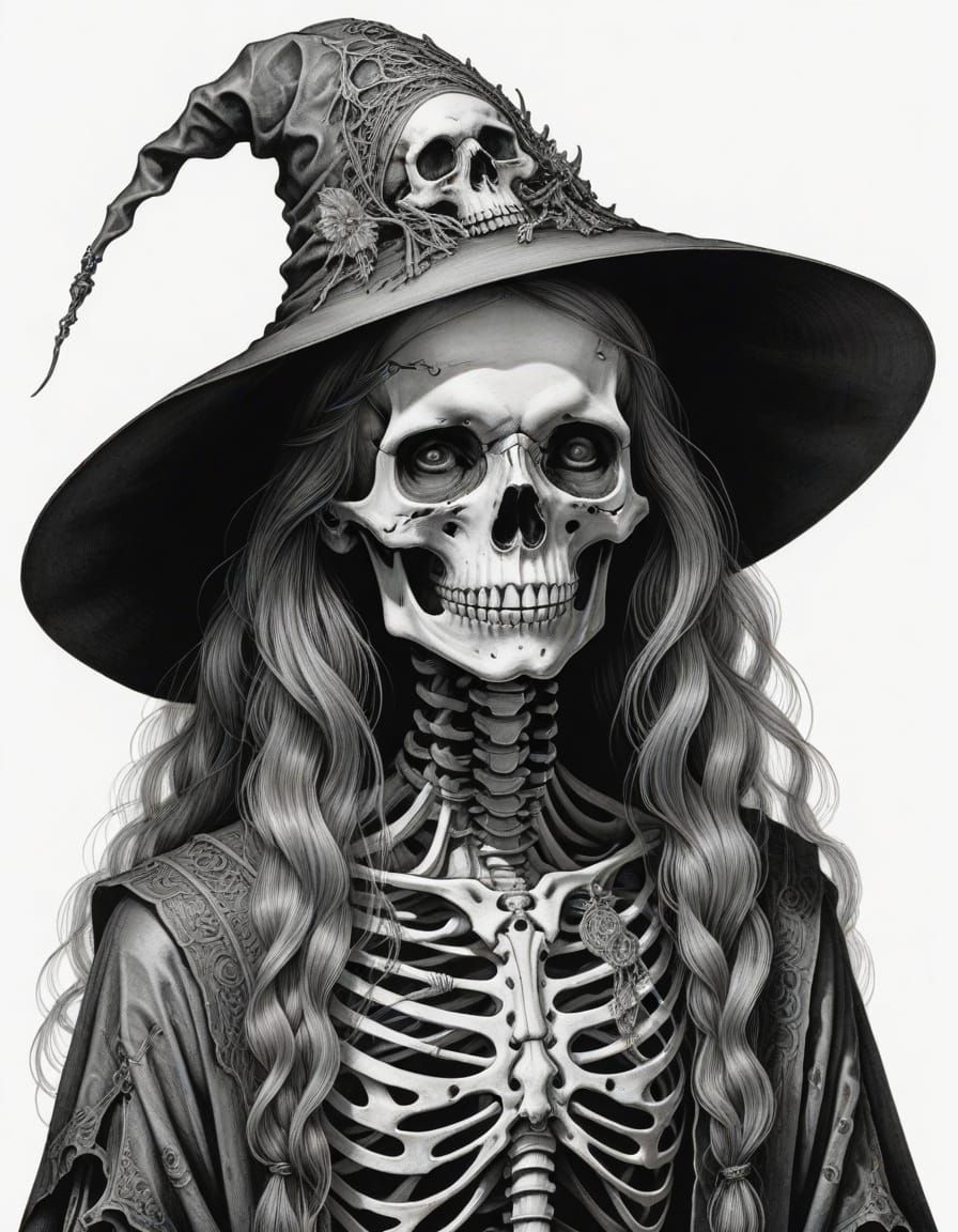 Intricate Dürer Engraving: Half Skeleton, Half Witch Portrai...