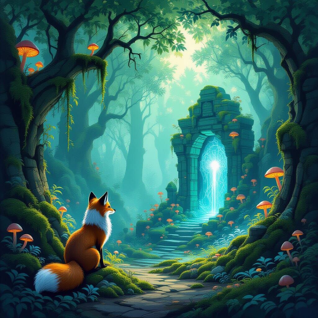 Enchanted Forest Ruins with Fox-Owl Creature and Alien Cosmo...