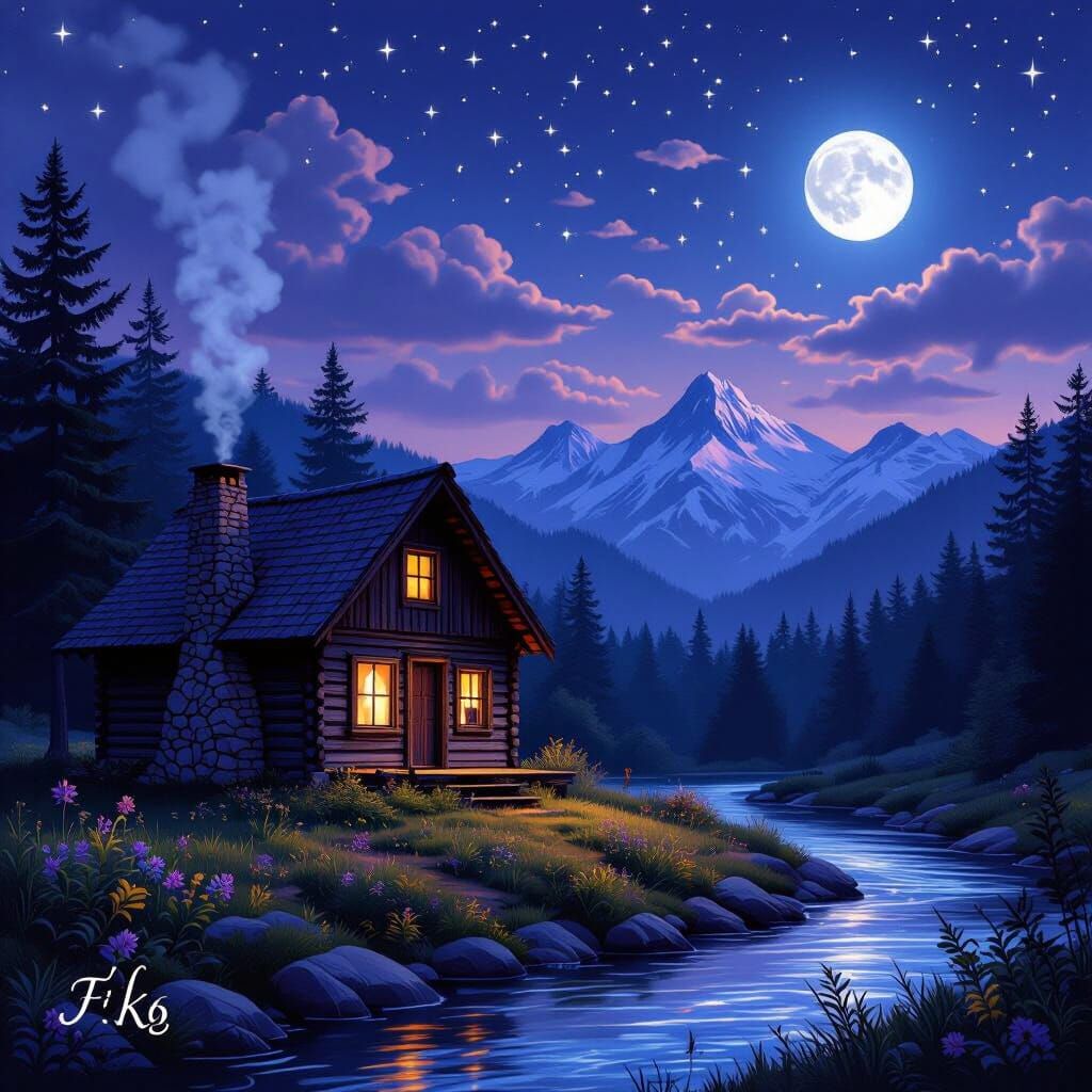 Moonlit Cabin in Starry Forest with Mountains