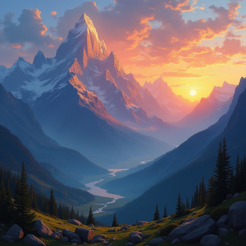 Ethereal Dawn over Majestic Mountain Peaks in Fantasy Landsc...