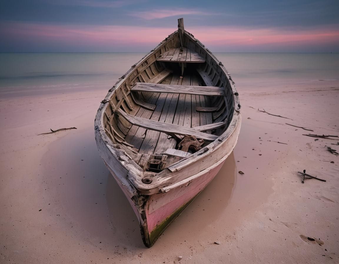 Calm Lagoon at Night with Weathered Boat Hull