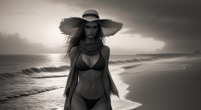 Hyperrealistic Charcoal Drawing of Woman on Beach at Sunset