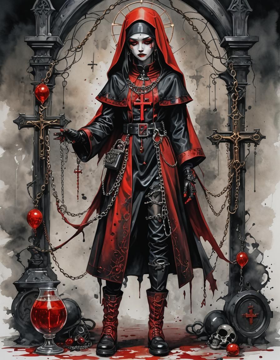 Gothic Nun in Red: Realistic Anime Style
