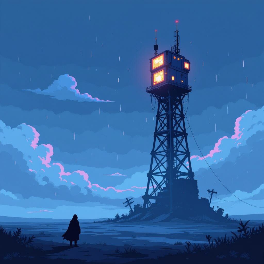 Colossal Broken Communication Tower in Pixel Art Style