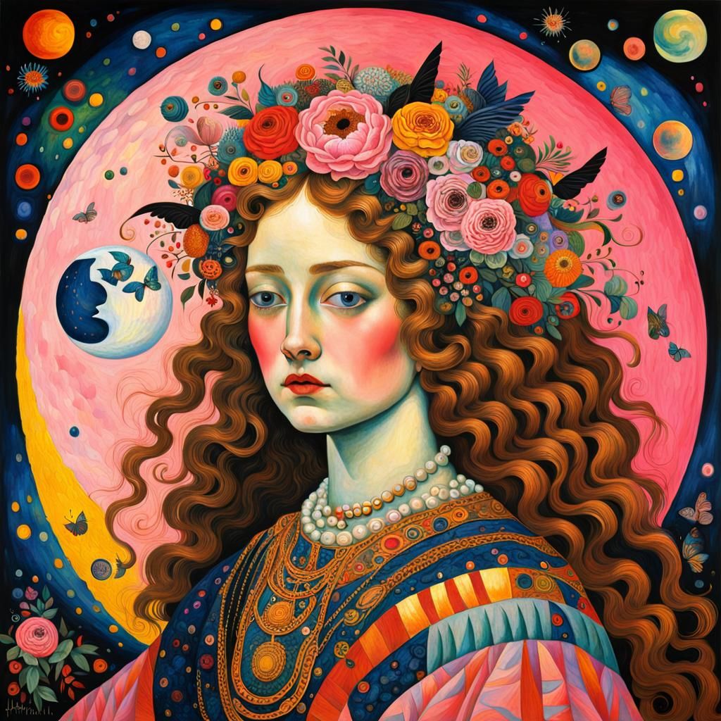 Celestial Goddess Under Pink Full Moon: Surreal Art