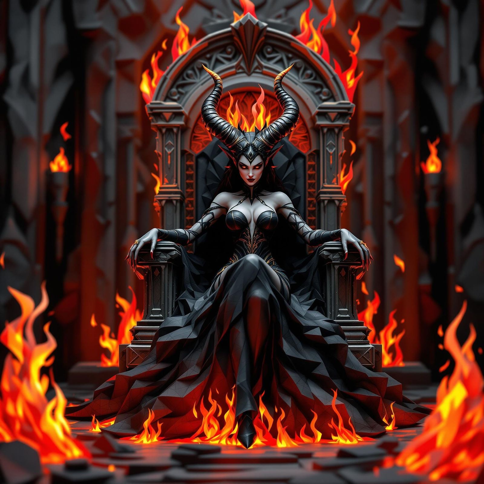 Demoness on Fiery Throne in 3D Origami Style