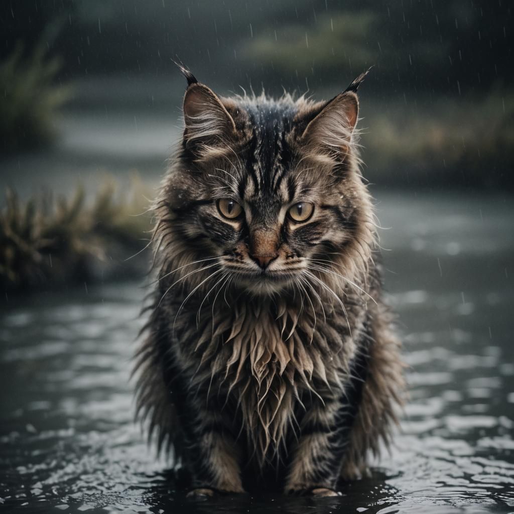 Monochromatic Portrait of Soaked Cat in Foggy River