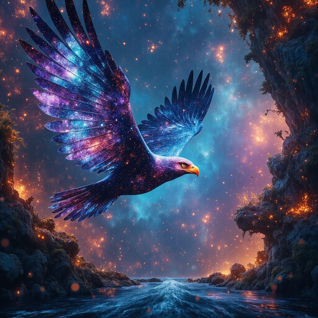 Bioluminescent Nebula Eagle in Alien Jungle