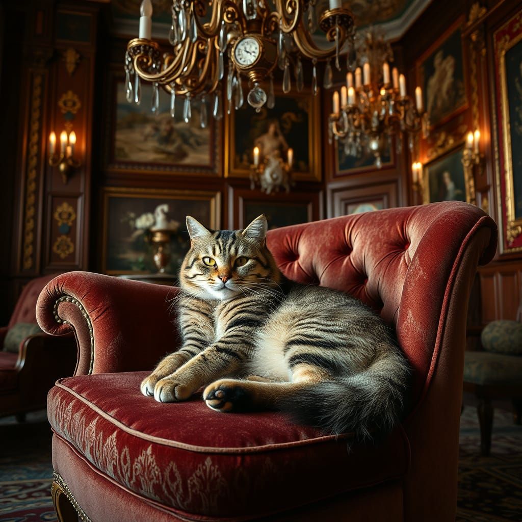 Victorian Tabby Cat Lounging in Ornate Salon, 4K Photo