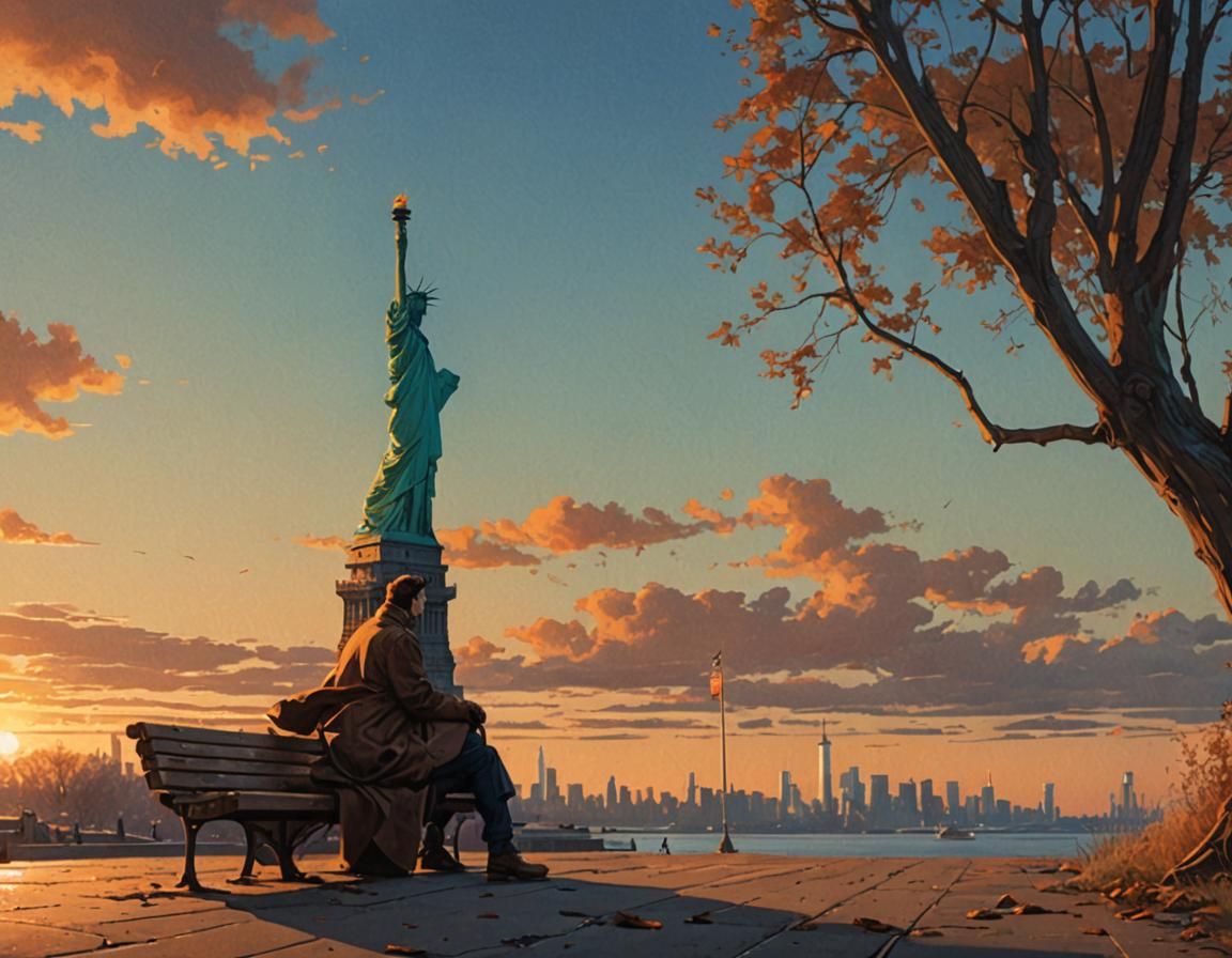 Statue of Liberty Sunset in Cinematic Style