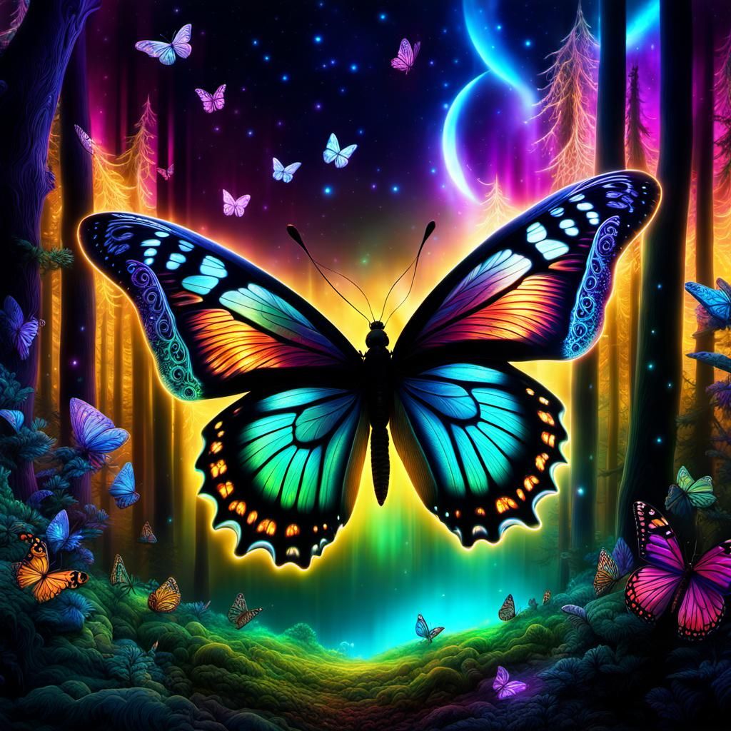 Cosmic Butterflies in Aurora Forest: Surreal 3D Art