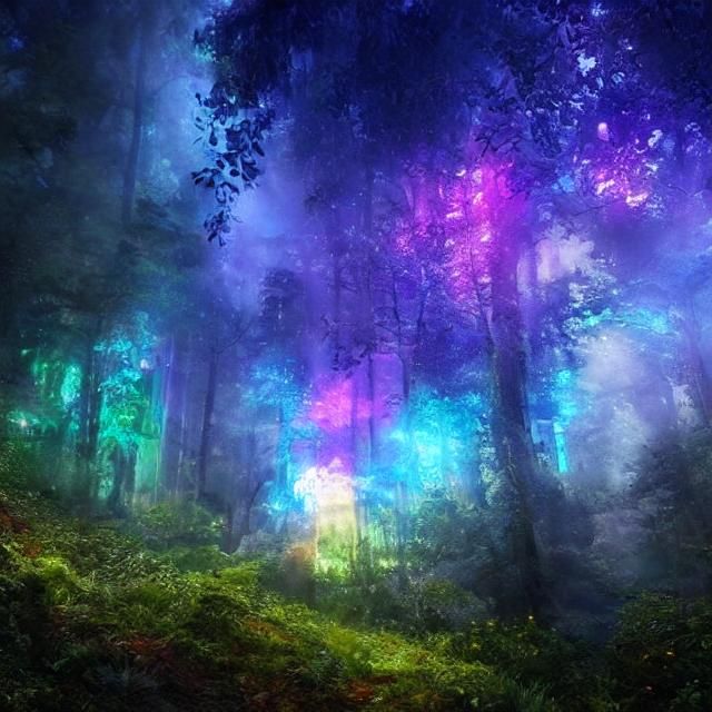 Enchanted Forest with Quantum Flowers and Unicorn