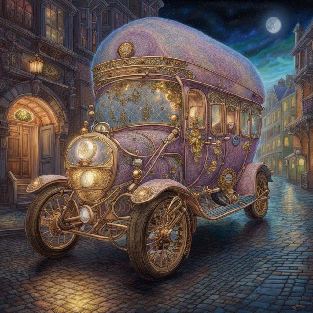 Steampunk Lace Car in Moonlit Street, Fantasy Art