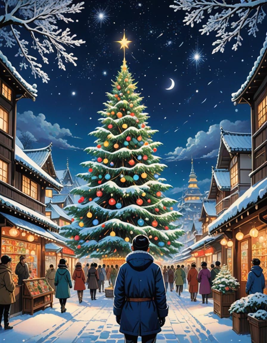 A Majestic Christmas Tree in a Snowy City Wonderland