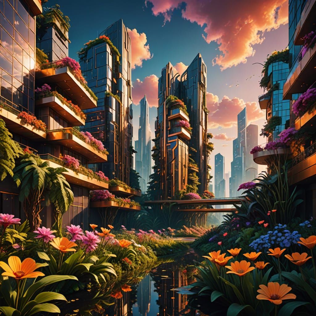 Futuristic Cityscapes Unite with Nature in a Dreamlike Digit...
