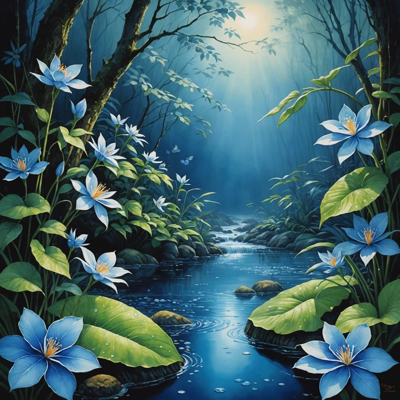 Dreamy Blue Watercolor with Intricate Details