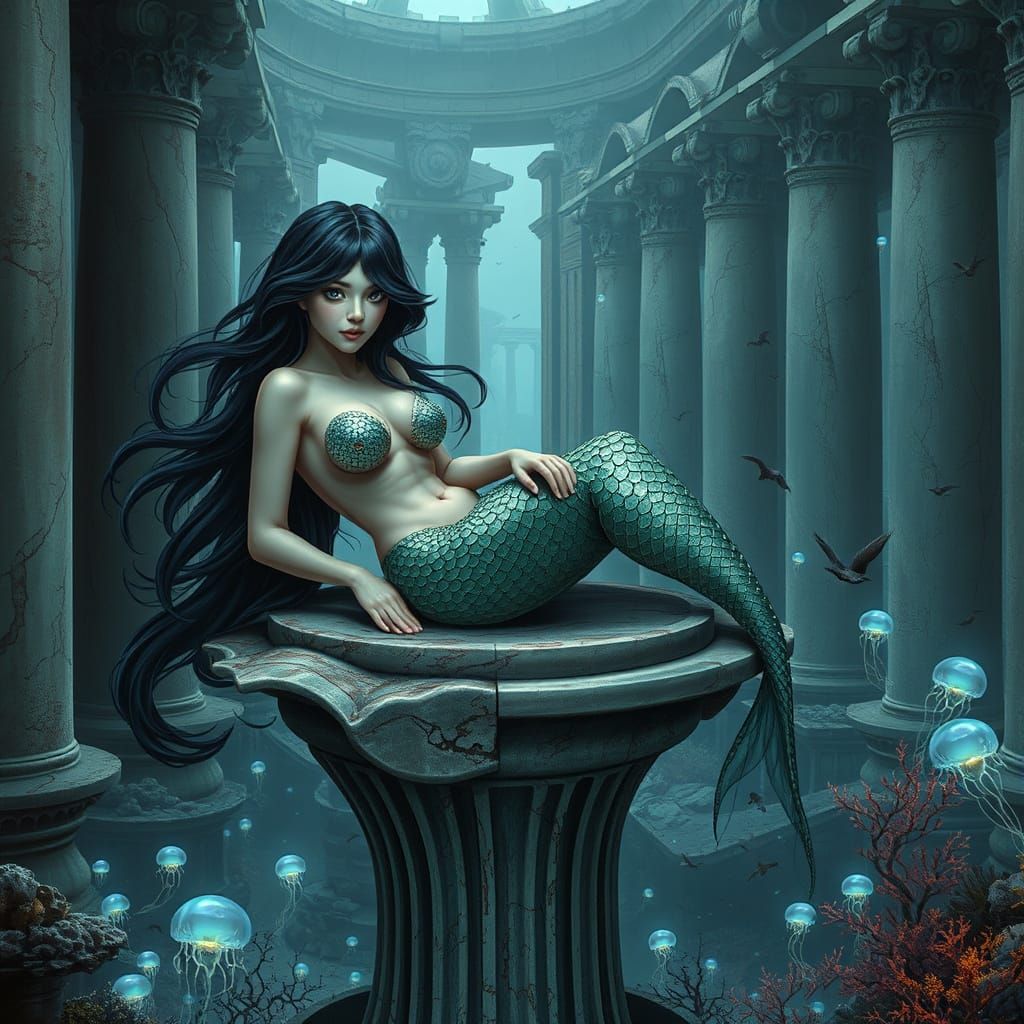 Biomechanical Mermaid in Abandoned Underwater City