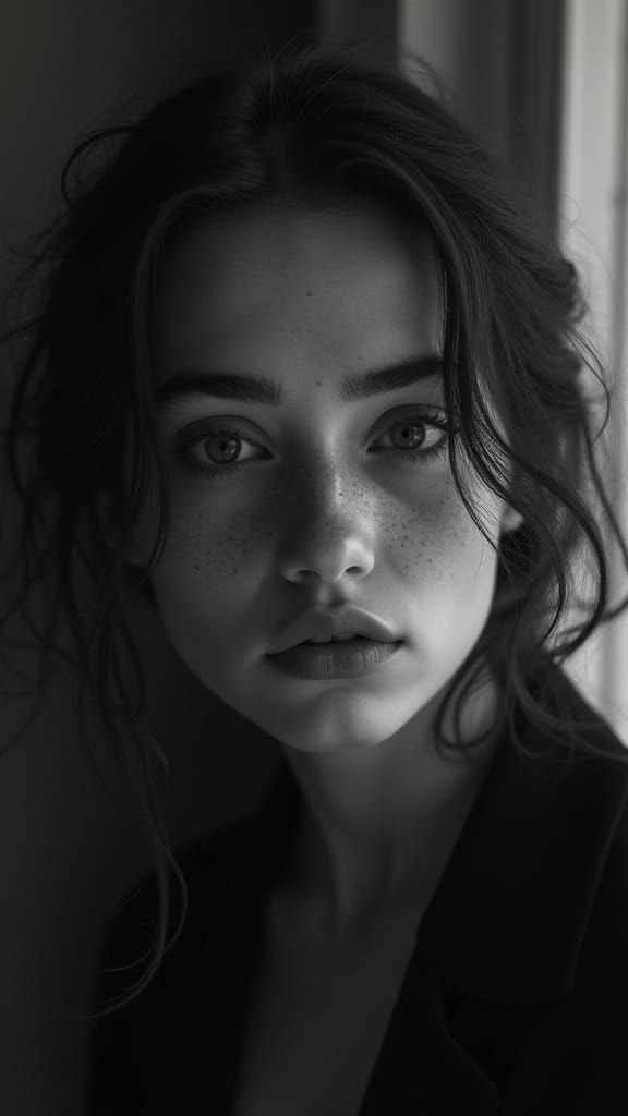 Brooding Woman: Hyper-Realistic Noir Portrait in Grayscale