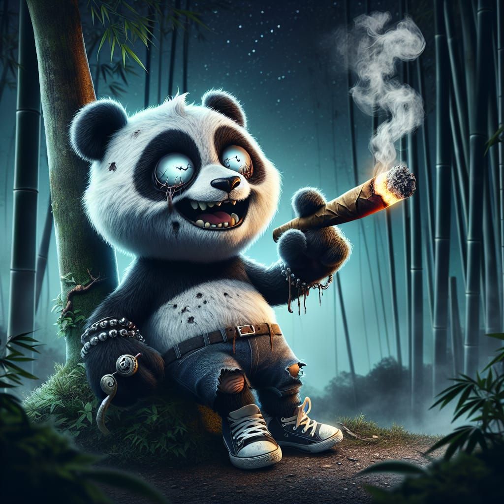 Zombie Panda Bear Smokes in a Bamboo Forest