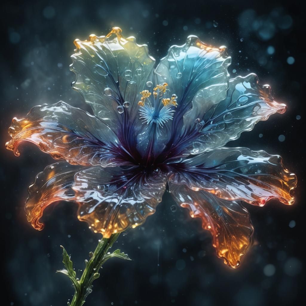 Transparent Glass Hibiscus Dreamscape with Bioluminescent Gl...