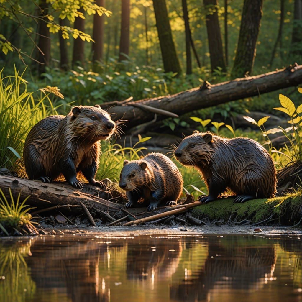 Beaver Family Builds Dam in Golden Hour Sunlight
