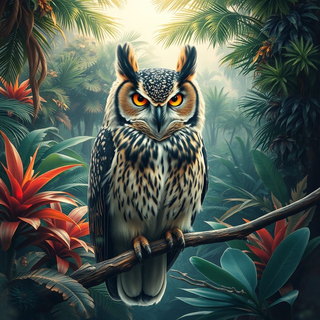 Regal Owl Amidst Exotic Jungle Foliage in Dreamlike Atmosphe...