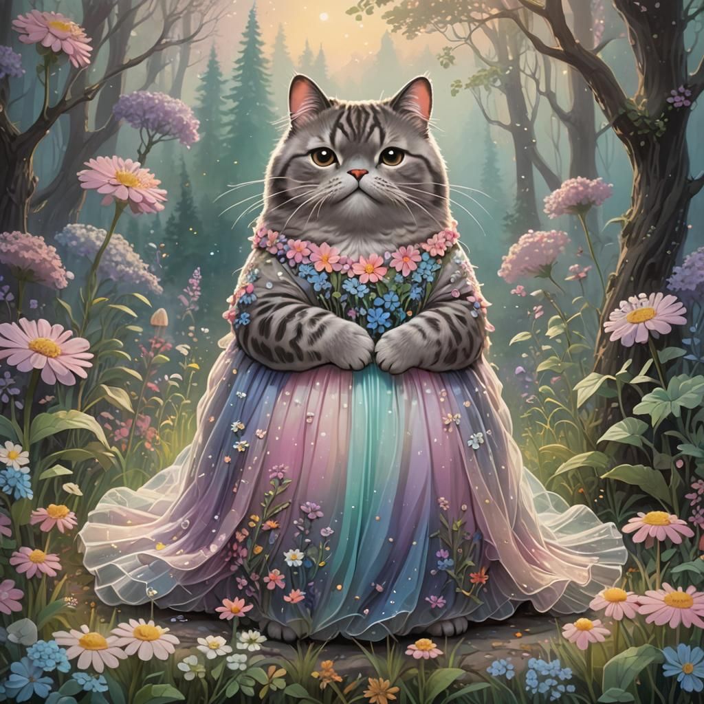Pusheen in Floral Gown in Misty Forest