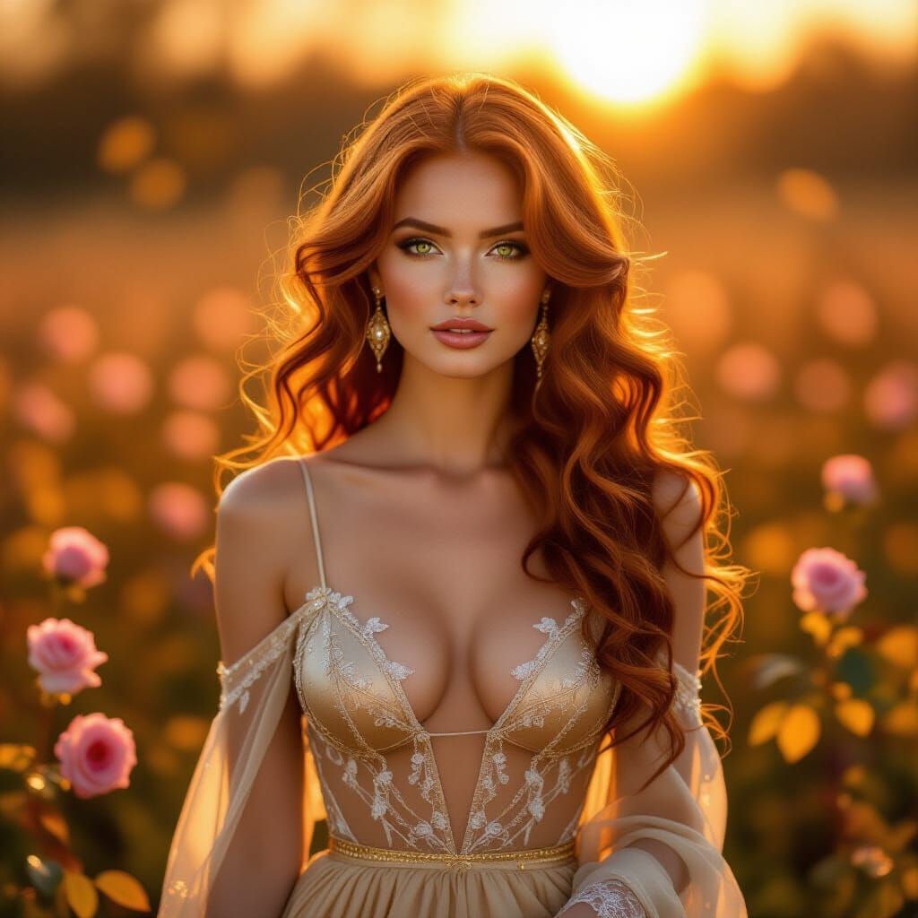 Enchanted Autumn Meadow with Radiant Woman in Golden Light