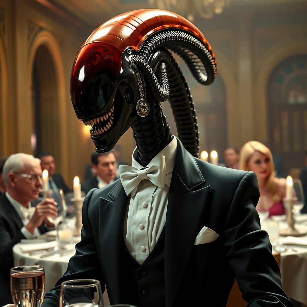 Xenomorph in Tuxedo at Dinner Party