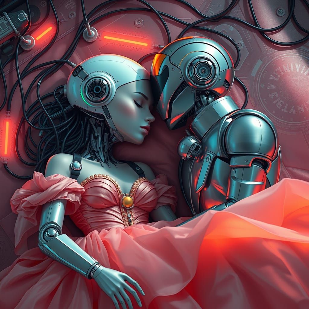 Android Princess Awakened in Neon Cyberpunk Scene