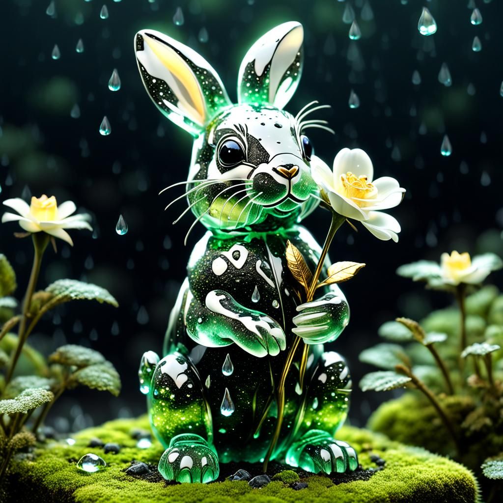 Opalescent Glass Bunny in Glowing Cube