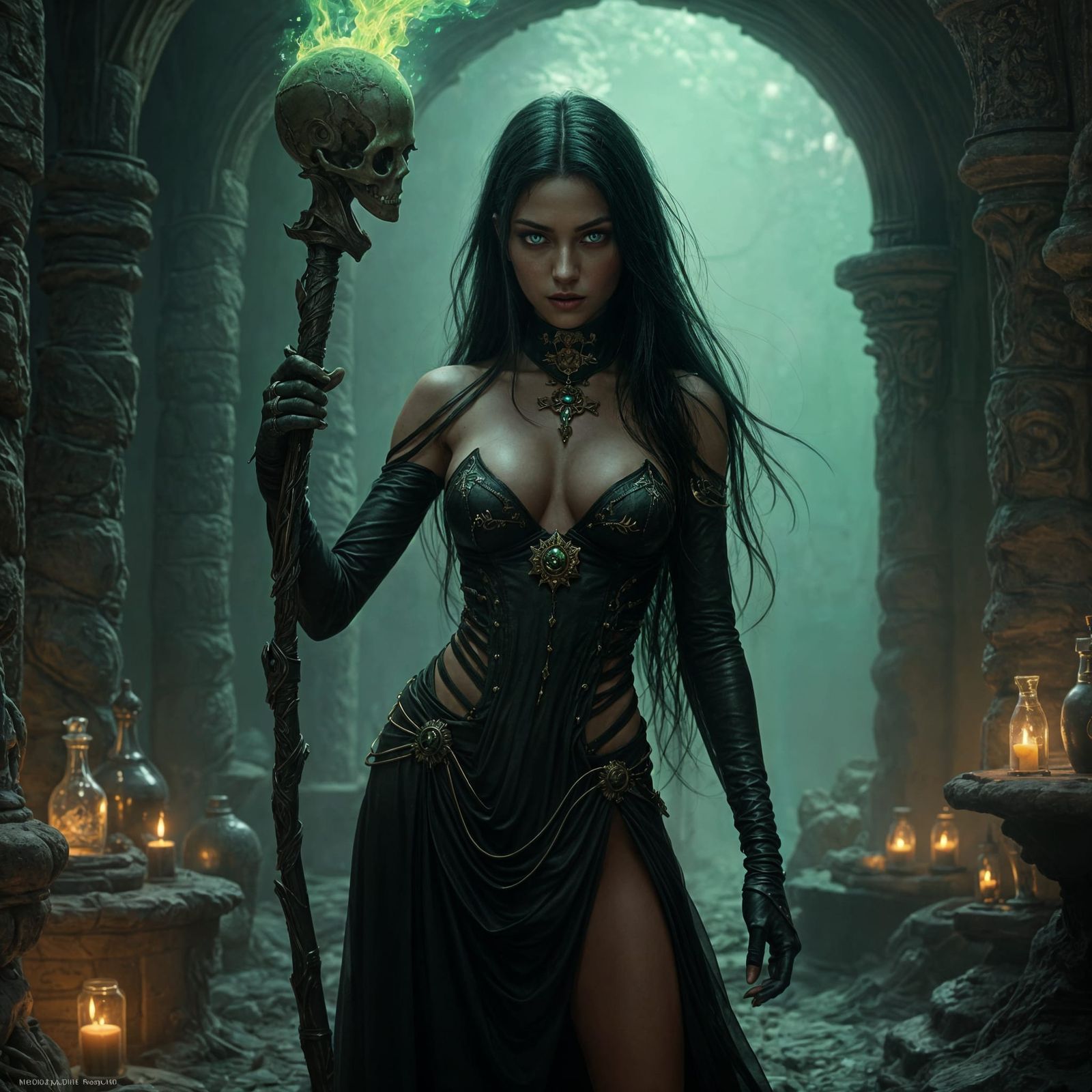 Drow Necromancer in Arcane Chamber, Splash Art Style