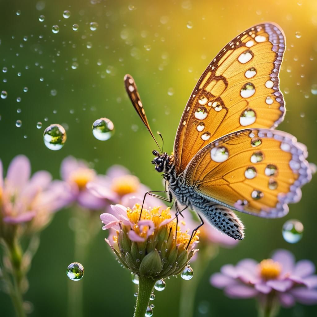 Macro Butterfly with Water Droplets in Golden Light