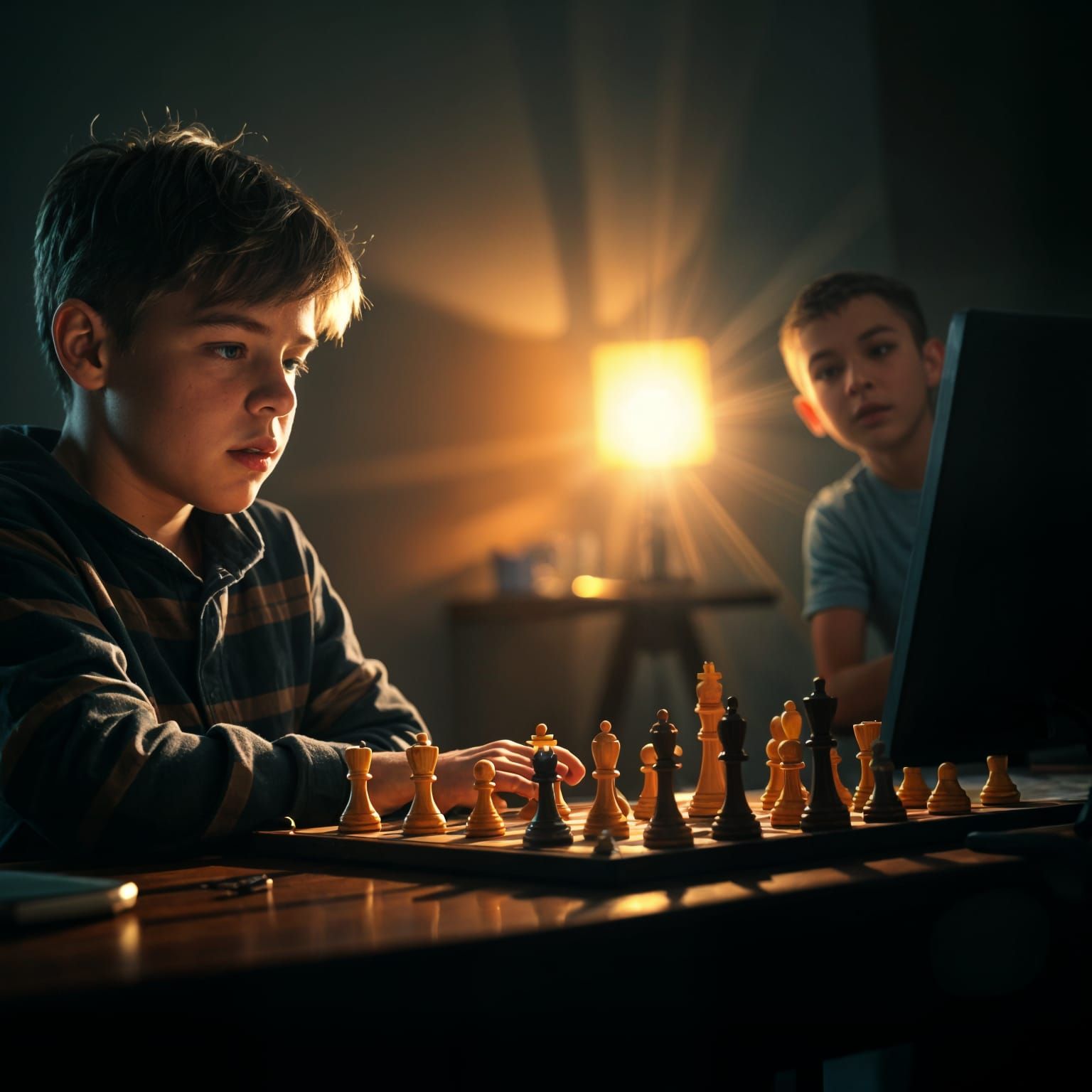 Young Chess Enthusiasts in Film Noir Ambiance