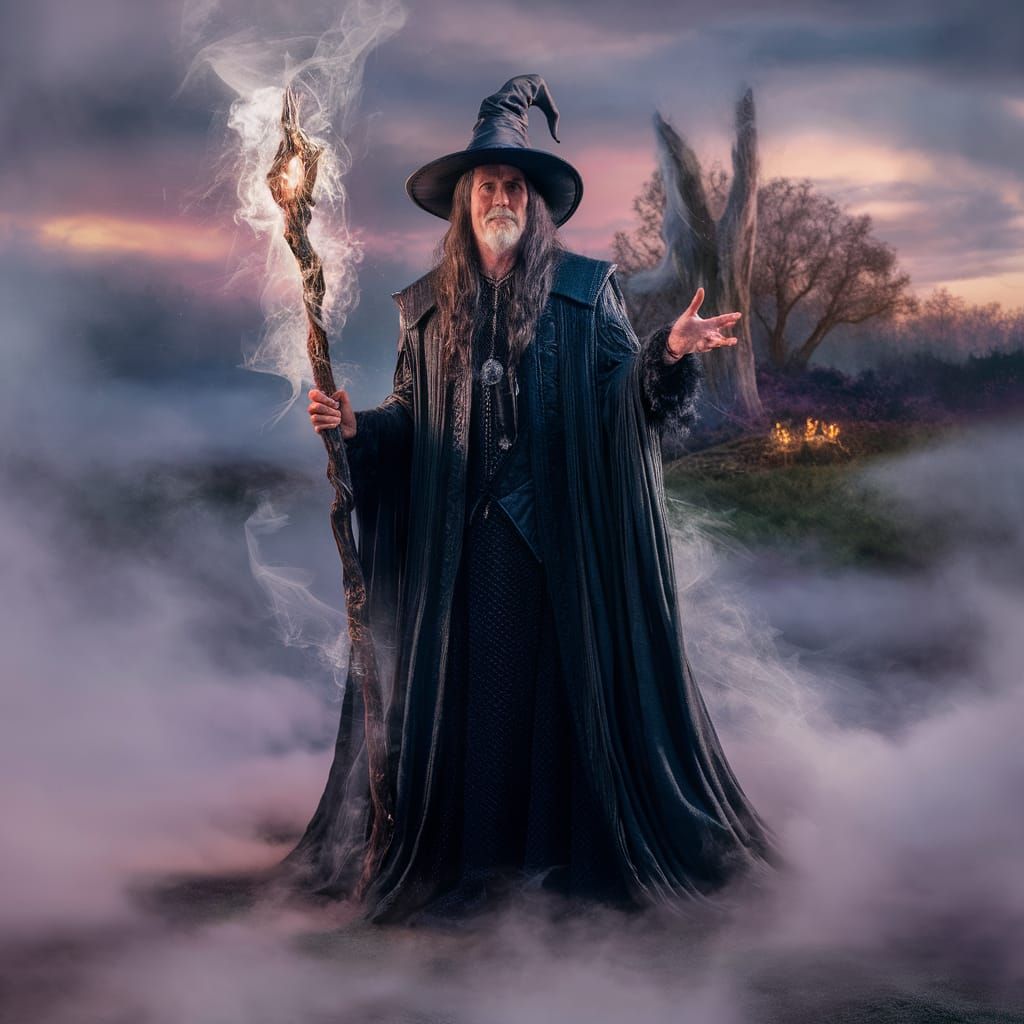 Mystical Warlock in Twilight Forest, Luminism Style