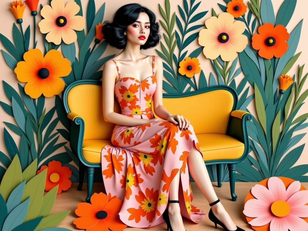Fashion Model in Floral Dress, Cut-Paper Art Style