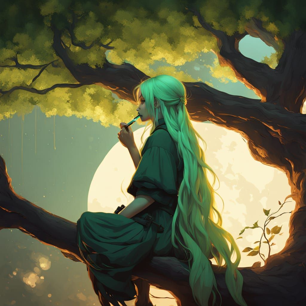 Anime Dryad Girl Embracing Moody Dusk with a Cigarette