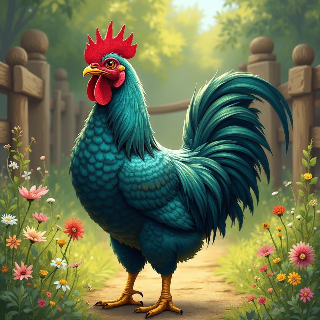 Iridescent Chicken in Farmyard, Folk Art Style