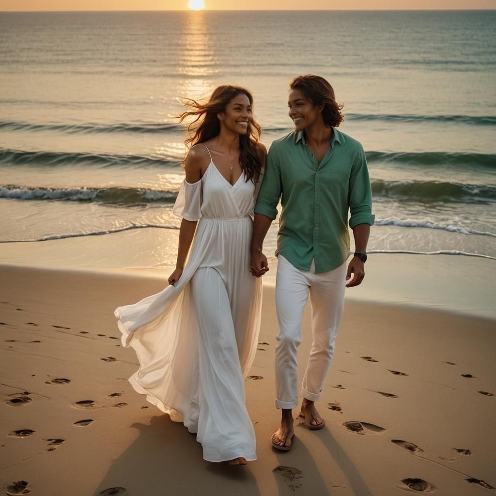 Beautiful Couple Watching Sunset on Beach