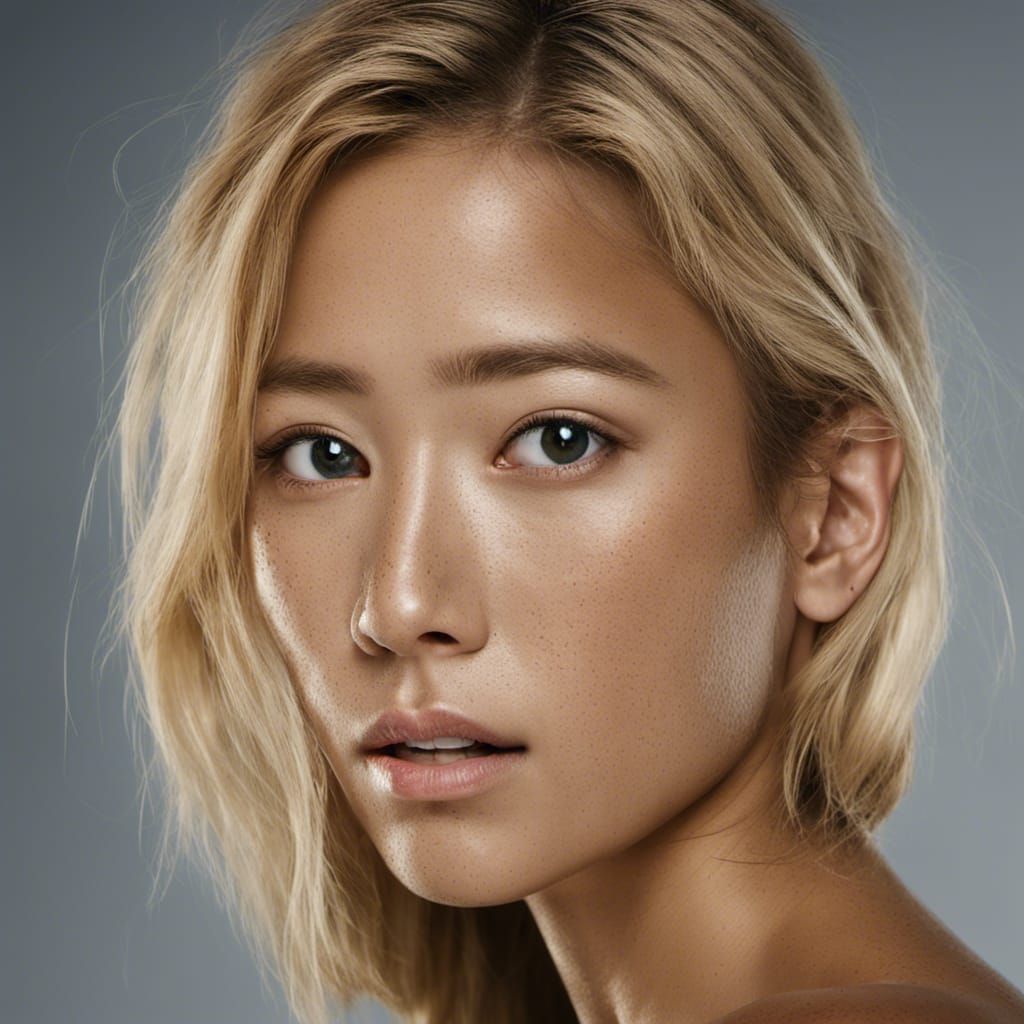 Freckled Asian Model with Blonde Hair Portrait