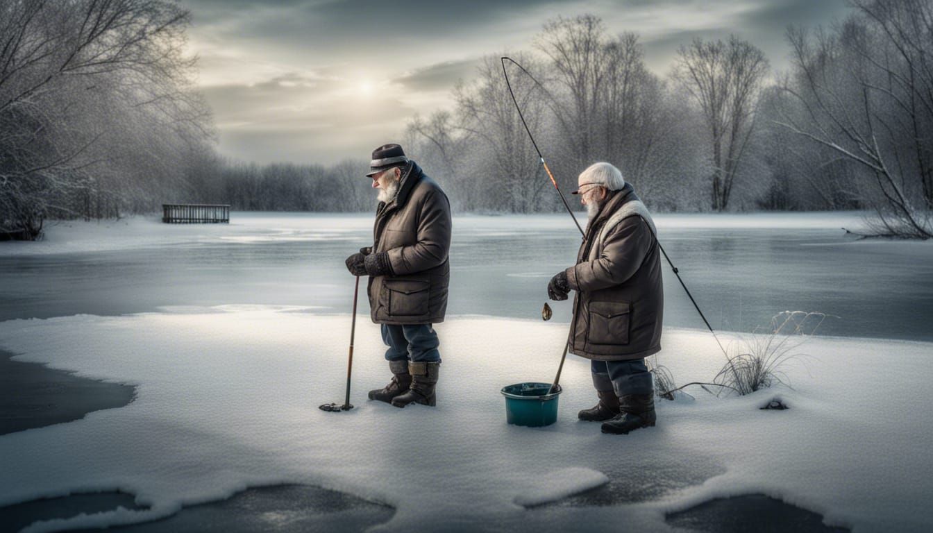 Hyperrealistic Old Man Ice Fishing on Frozen Pond