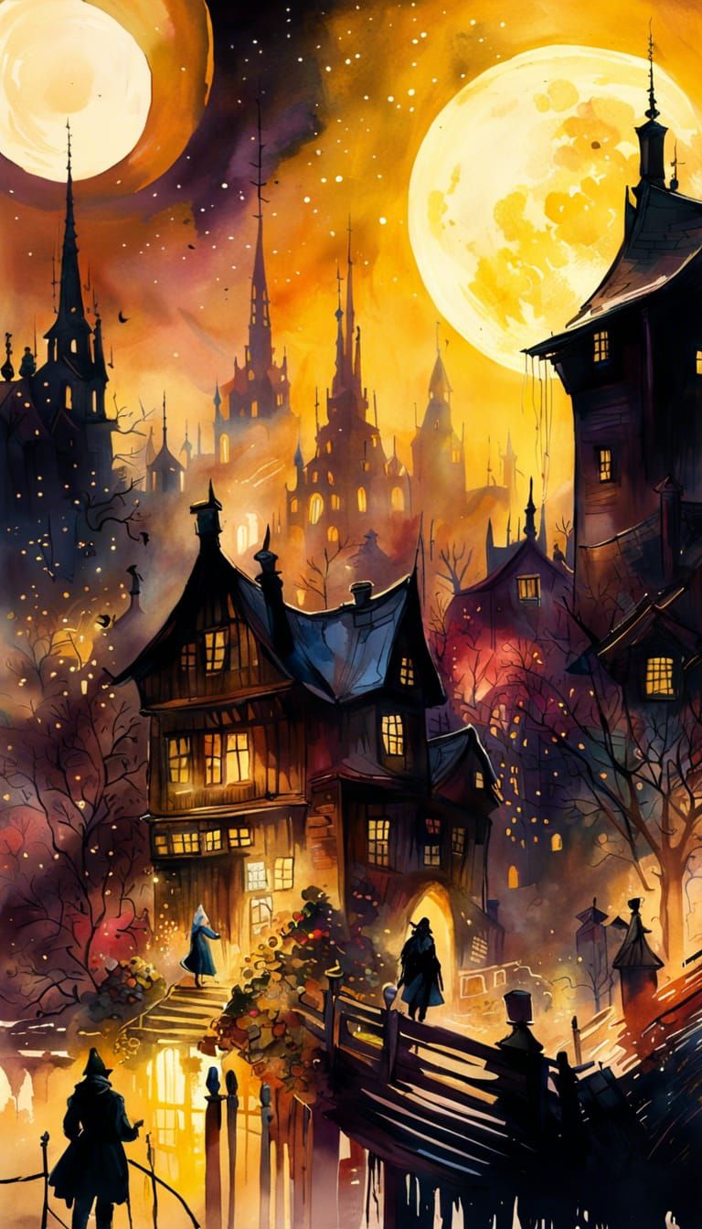 Night Golden Town Watercolour Painting