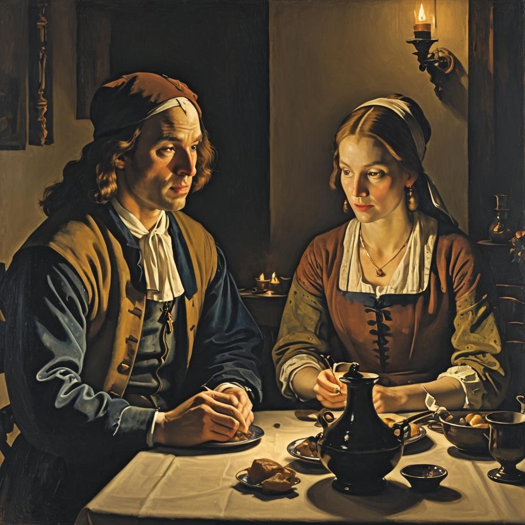 Couple's Romantic Dinner in Vermeer Style