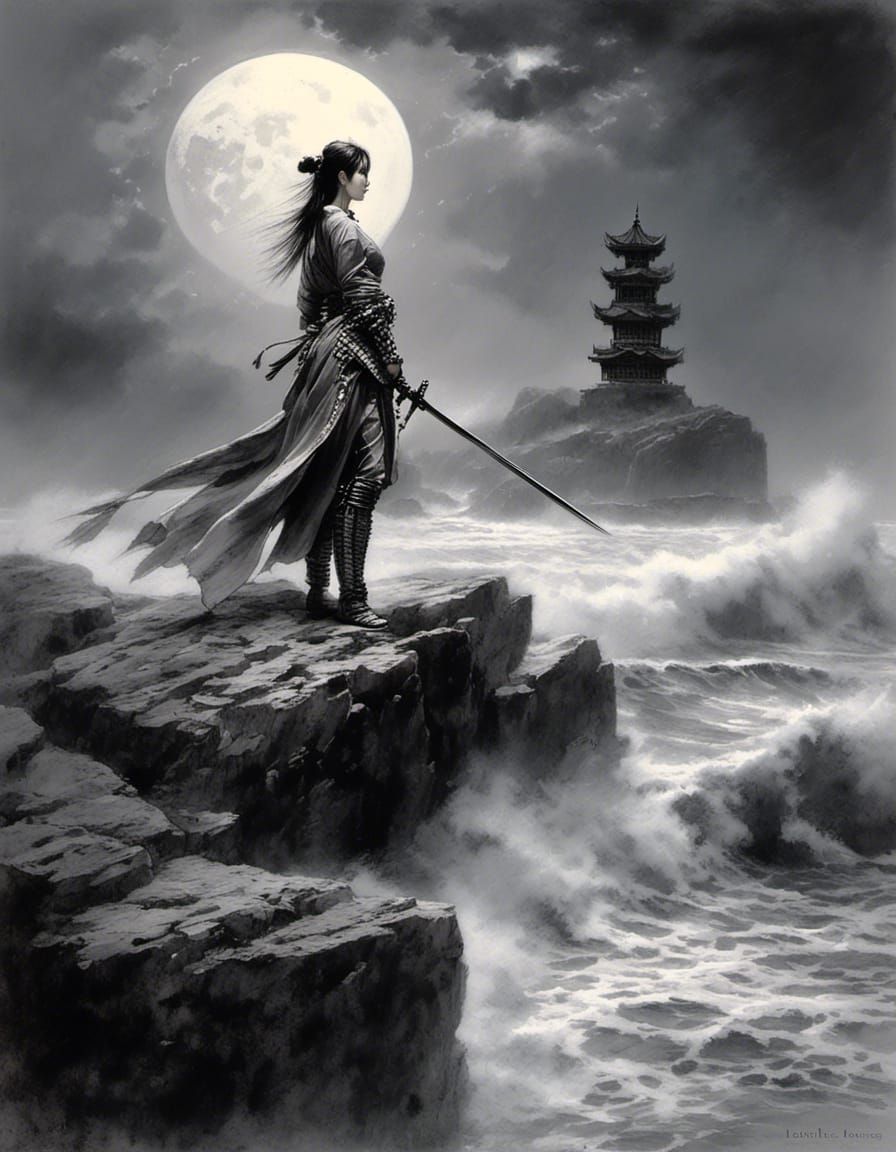 Female Samurai Overlooking Raging Ocean in Grayscale