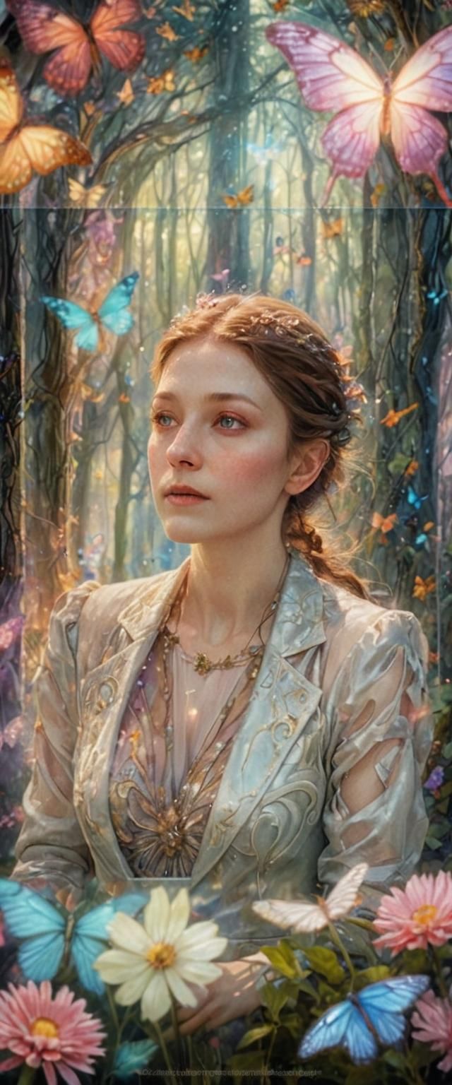 Ethereal Forest Scene with Glowing Butterflies