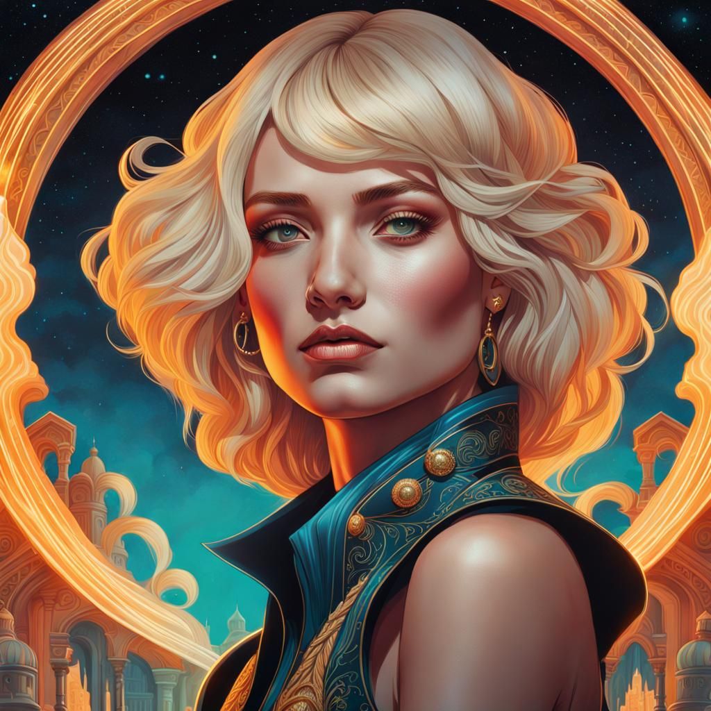 Smiling Blonde Woman Portrait in Detailed Matte Painting