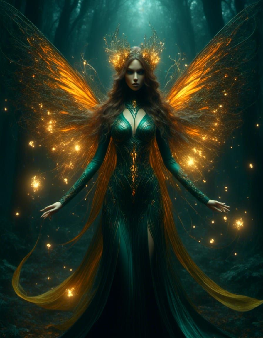 Female winged fairy mage. Green, brown, orange  and yellow. ...