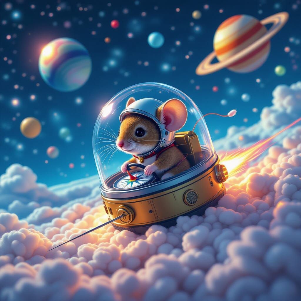 Mouse Pilot Soaring Through Button Galaxy in Pixelcore Style